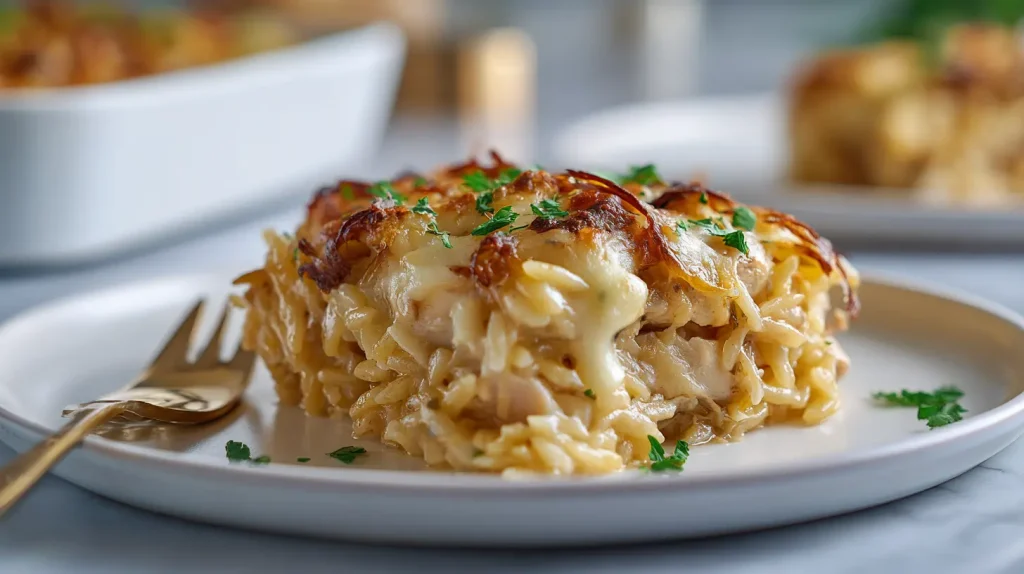 French Onion Chicken Orzo Casserole - Easy Family Dinner 10 French Onion Chicken Orzo Casserole