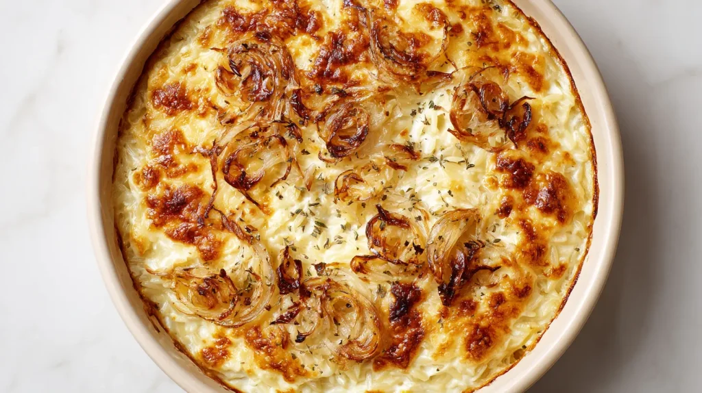 French Onion Chicken Orzo Casserole