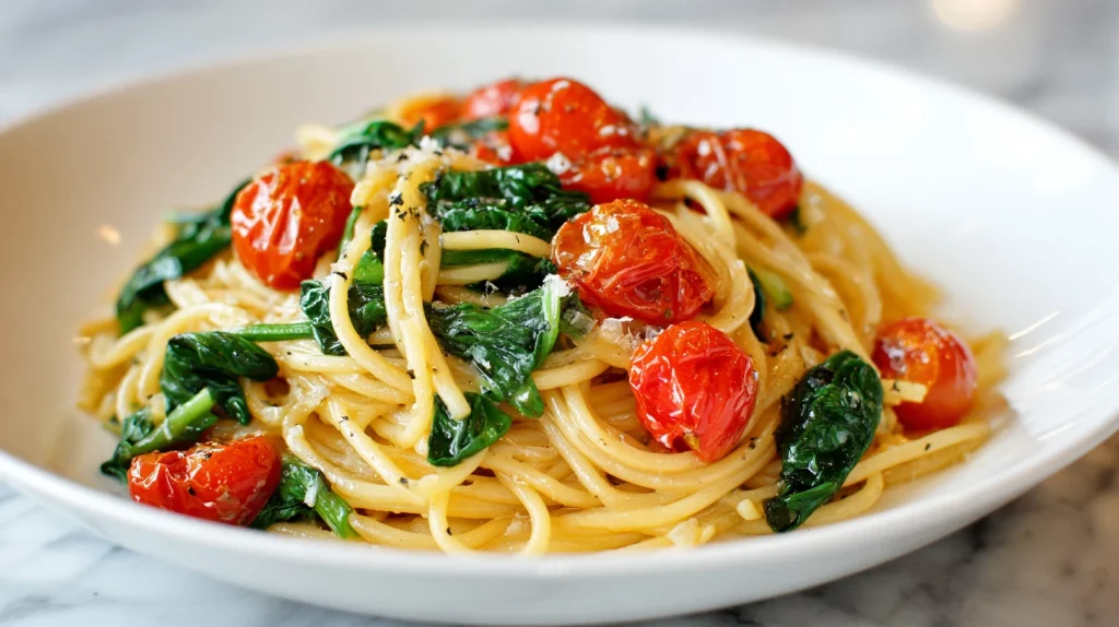 Roasted Garlic Pasta with Tomatoes and Spinach - Easy Recipe 9 Roasted Garlic Pasta with Tomatoes and Spinach
