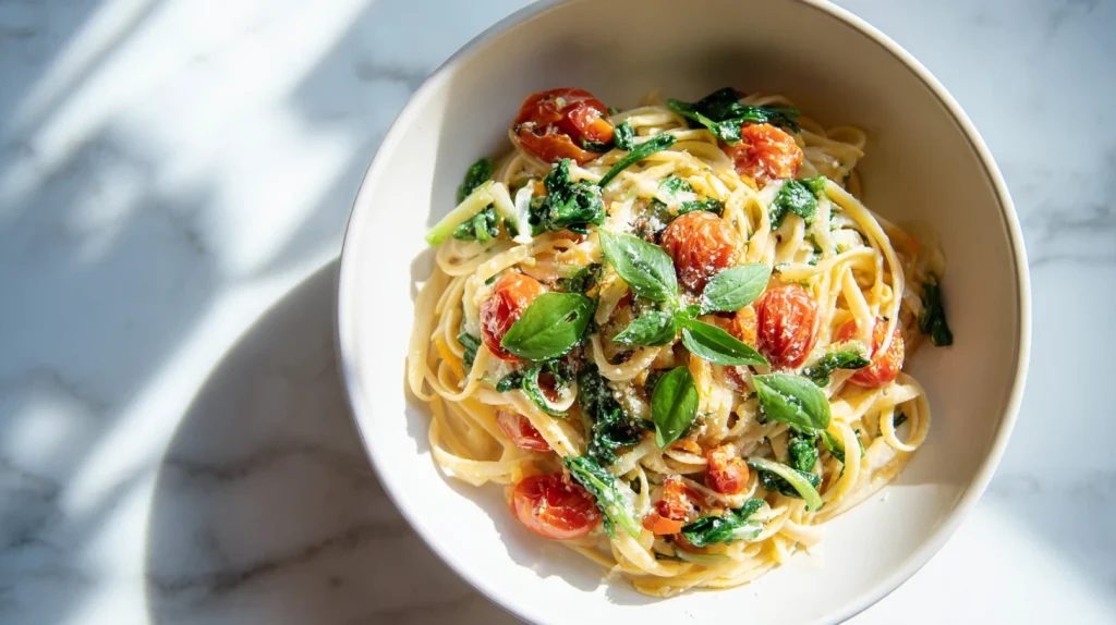 Roasted Garlic Pasta with Tomatoes and Spinach - Easy Recipe 10 Roasted Garlic Pasta with Tomatoes and Spinach