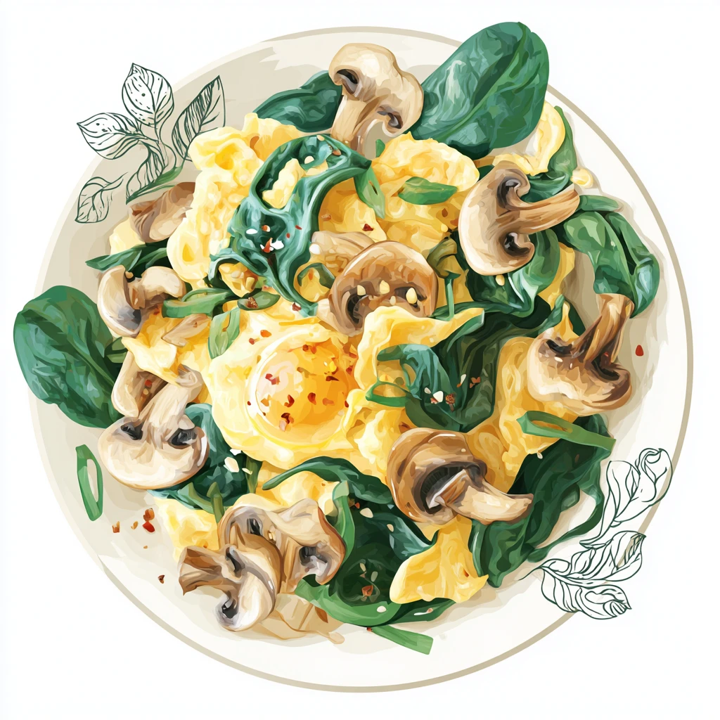 Mushroom Spinach Scrambled Egg - Easy & Healthy Breakfast 3 mushroom scrambled egg vector