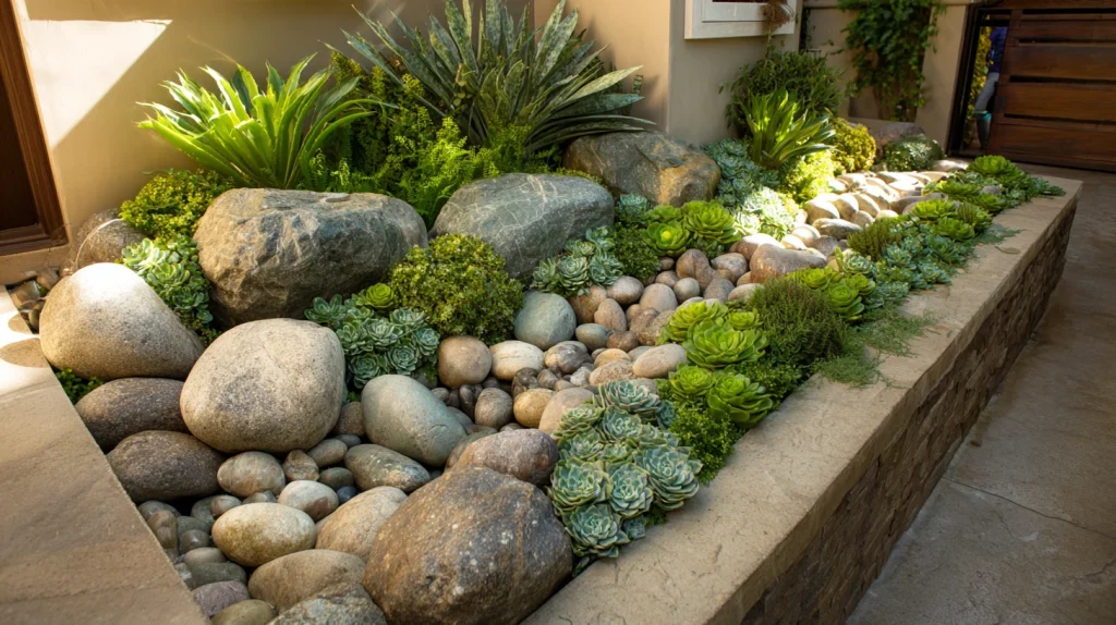 7 Famous Small Front Yard Landscaping Ideas 3 Garden Bed with Rocks for Modern Texture