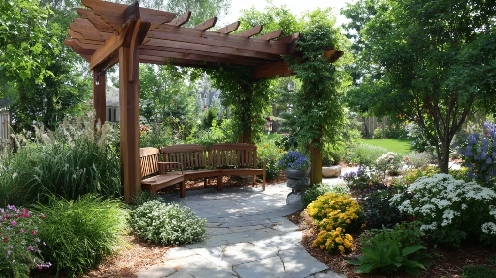 8 Modern Outdoor Patio Ideas on a Budget 9 Pergola in Corner of Yard with Seating Layout