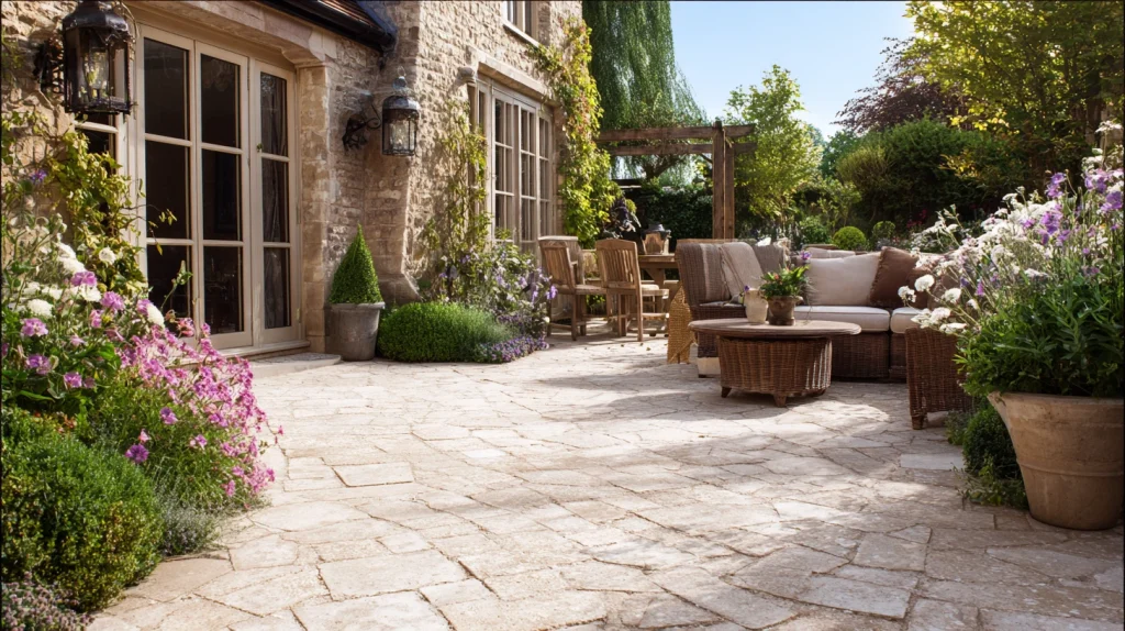 9 Famous Outdoor Paver Patio Ideas 7 Tumbled Limestone Patio for Vintage Appeal