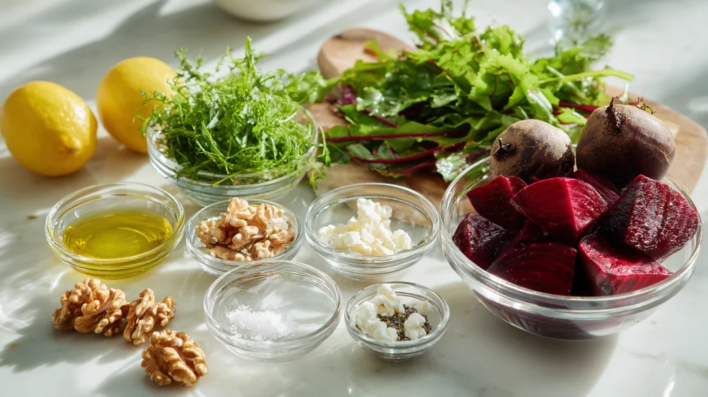 Beet Salad: Fresh, Colorful, and Flavor Packed Homemade Salad Recipe 3 u2124897212 ingredients for beet salad arranged in mini glass d114fdfc 8835 4d38 a5bf 3edb84418df5 3