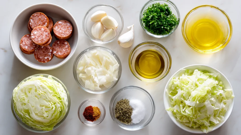 Cabbage and Sausage Recipes That Are Easy, Hearty, and Full of Flavor 3 u2124897212 ingredients for cabbage and sausage arranged in m 4227dbbe 6ce7 4886 bebf a0845fcee7a6 1