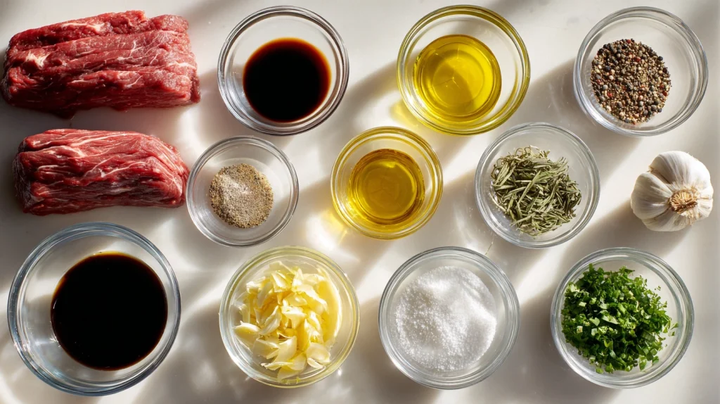 Flank Steak Marinade That Creates Tender, Juicy, and Flavorful Steak Every Time 3 u2124897212 ingredients for flank steak marinade arranged in 9764de9e 61d6 4d6c a21c f38f1e520f5c 3