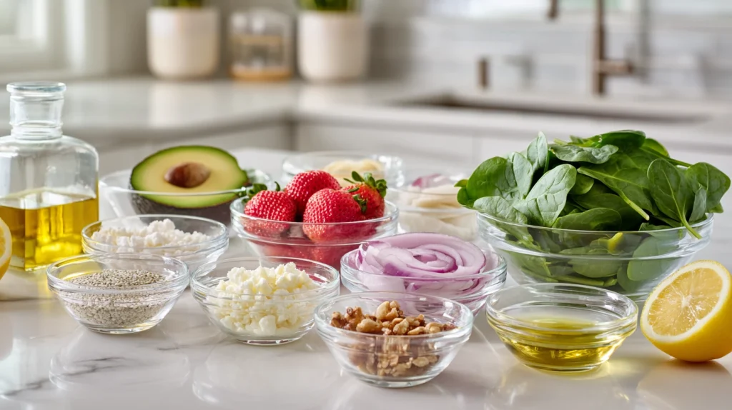 Spinach Salad Recipe for a Fresh, Flavorful, and Healthy Meal 3 u2124897212 ingredients for spinach salad arranged in mini gl 303a733e eee6 44fd 938e c45401d145a5 2
