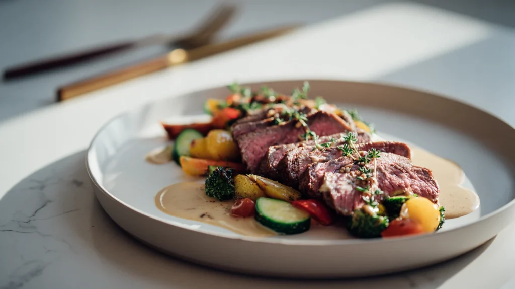 Flank Steak Recipes: The Ultimate Guide to Juicy Garlic Butter Steak at Home 13 u2124897212 plated sliced flank steak served with roasted veg bc7b4f97 f21a 4d75 b648 75b623e7449b 1