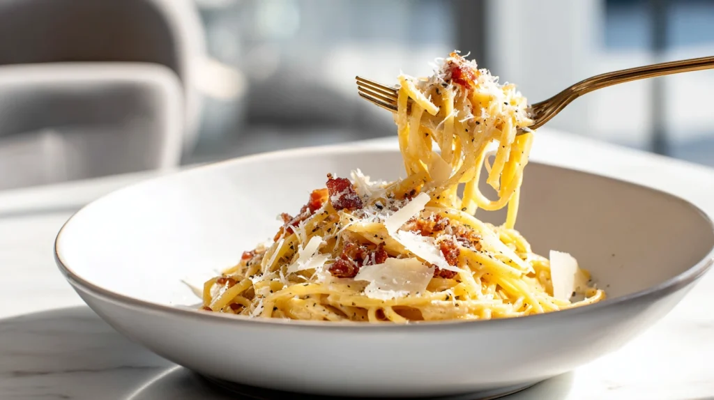 Traditional Spaghetti Carbonara: The Ultimate Creamy Bacon Pasta Recipe Without Cream 13 u2124897212 plated spaghetti carbonara served in a minimalist 44dbb563 bcbb 4e45 b7bb aed3b3d11e3b 0