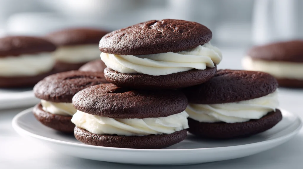 Whoopie Pie Recipe for Soft Chocolate Cakes and Creamy Filling 2 u2124897212 realistic close up of whoopie pies stacked on a d 01afdaab c8ed 4f18 98a3 6b5b5233e479 2