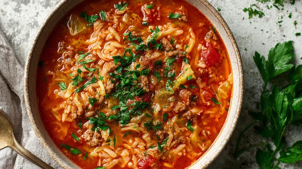 Cabbage Roll Soup: The Best Cabbage Roll Soup Recipe for a Comforting Homemade Meal 12 u2124897212 top down view of cabbage roll soup in a bowl show 729169a0 72cc 4dc4 aae6 0864074e7fe6 1
