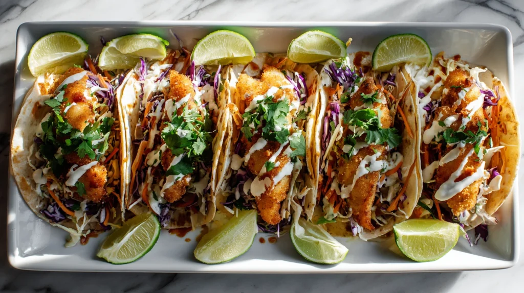 Fish Tacos With Cabbage Slaw: Fresh, Crispy, and Flavor Packed Homemade Tacos 11 u2124897212 top down view of fish tacos arranged neatly on a b186cc63 566d 436f b00a 210e90713848 1
