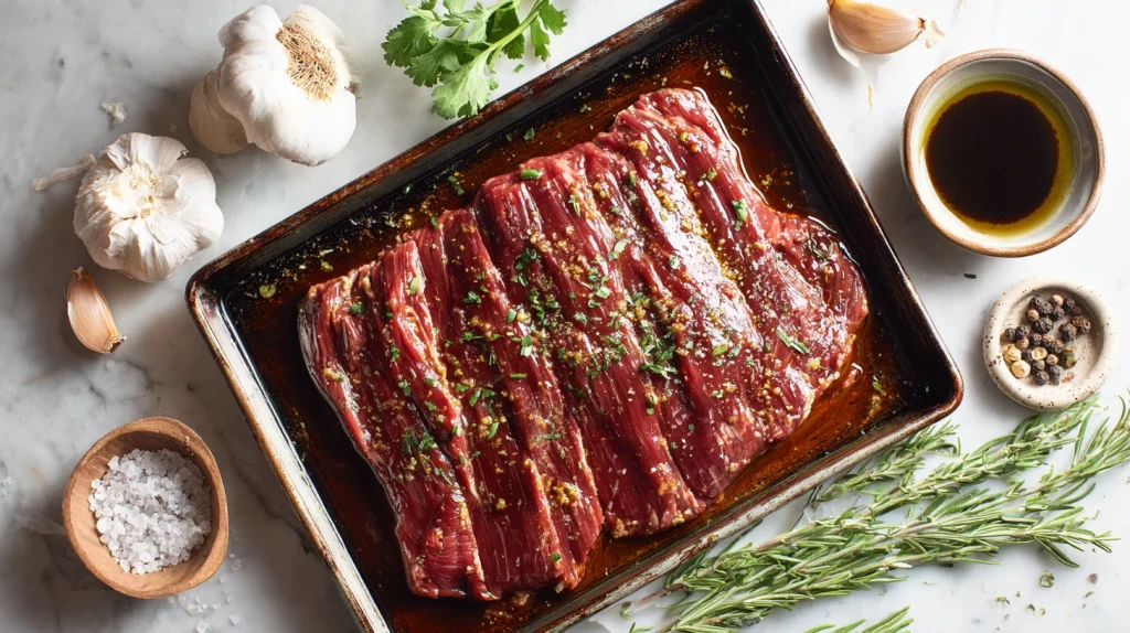 Flank Steak Marinade That Creates Tender, Juicy, and Flavorful Steak Every Time 10 u2124897212 top down view of marinated flank steak arranged o 568d4050 df03 4e6a 910c 470da0047261 0