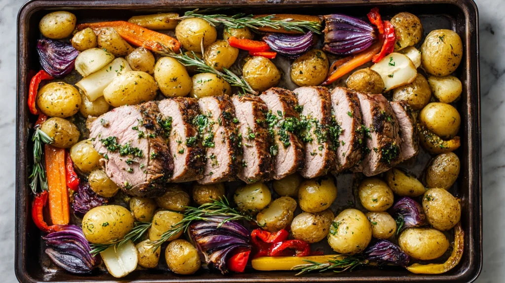 Sheet Pan Pork Tenderloin Recipe for Easy Flavorful Complete Dinners 12 u2124897212 top down view of sheet pan pork tenderloin arrang 014072f5 3298 49fb 8a93 cdea1b0ebe8e 2
