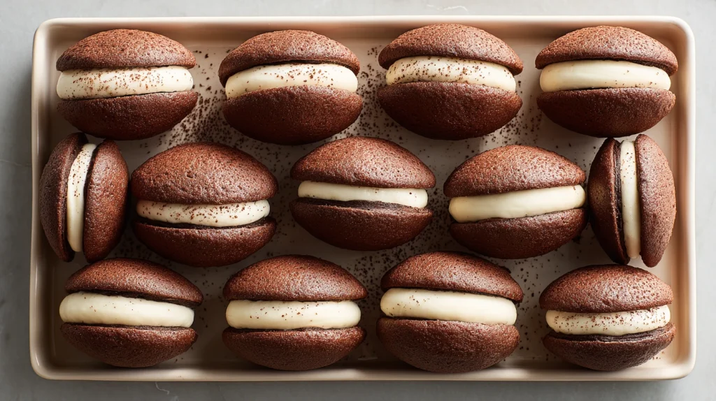 Whoopie Pie Recipe for Soft Chocolate Cakes and Creamy Filling 15 u2124897212 top down view of whoopie pies neatly arranged on b6d9917a a579 4509 a130 94390ca0ace8 2