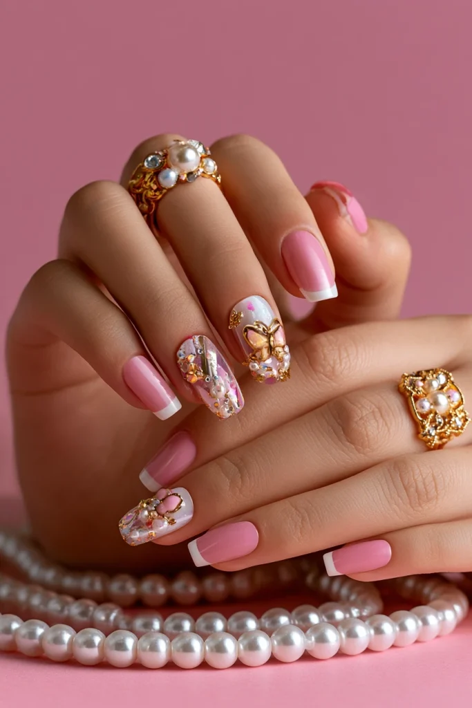 11 Pink and Brown Nails Ideas 9 3D Nail Set with Cute Charms