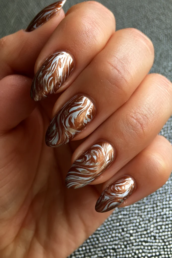 9 Brown and White Nails Ideas 3 Almond Acrylic Nails Brown with White Swirls