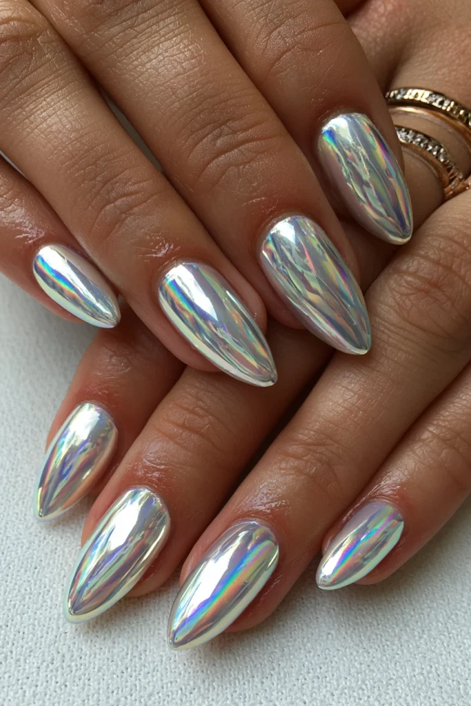 8 Glazed Donut Nails Ideas 4 Almond Acrylic Nails with Chrome Glow