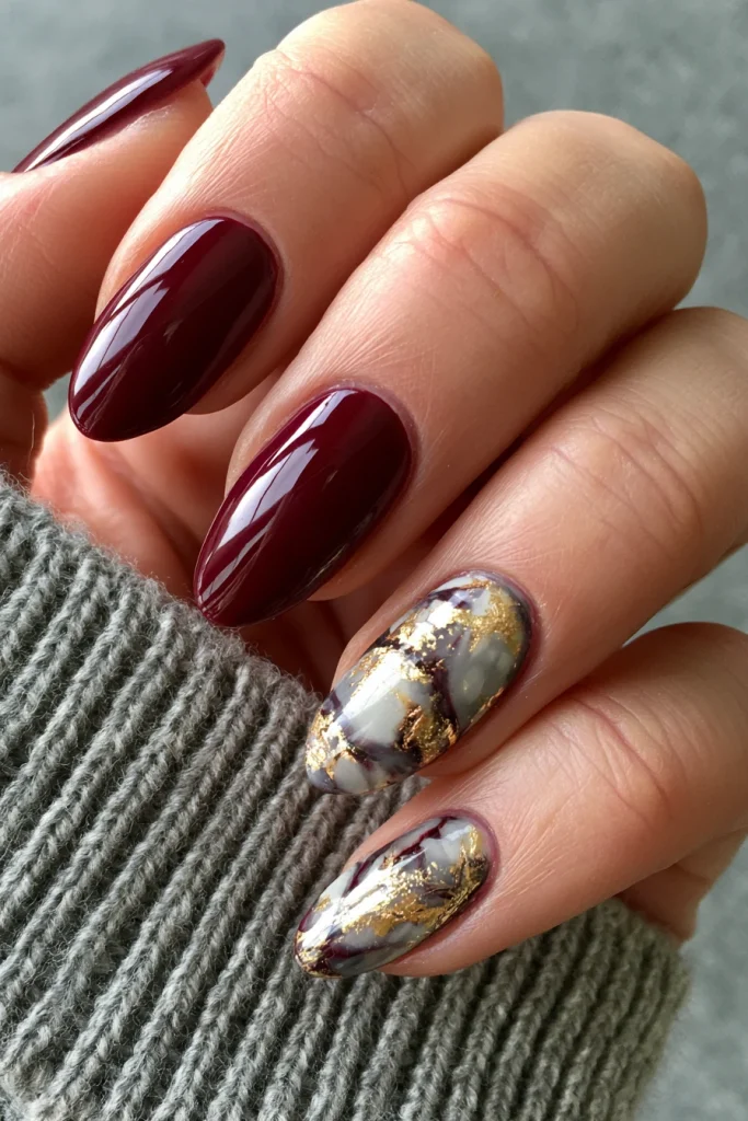 12 Dark Cherry Red Nails Ideas 11 Almond Nails Maroon with Marble Design