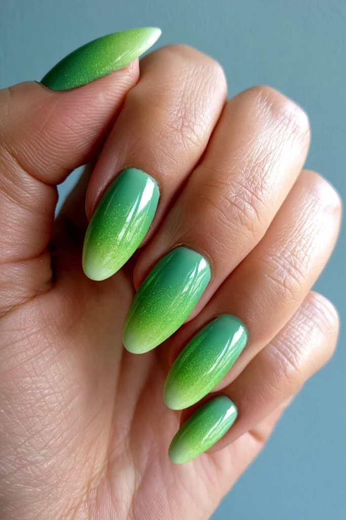 13 Green and Brown Nails Ideas 3 Almond Shape Nails with Green Ombre