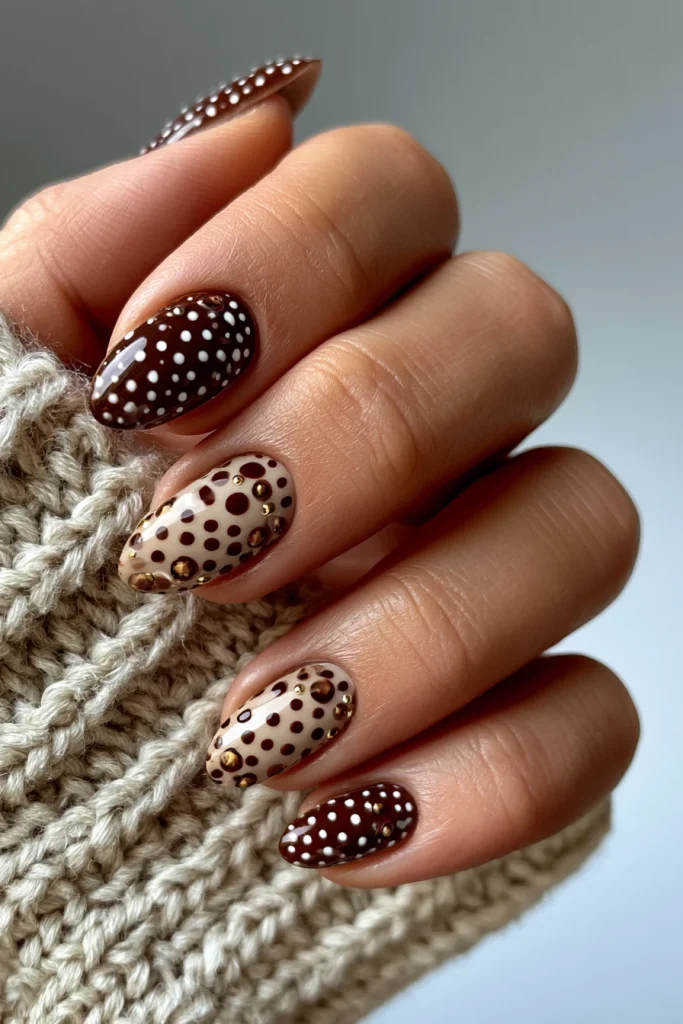 8 Brown Polka Dot Nails Ideas 2 Almond Vintage Nails with Brown Polka Dots