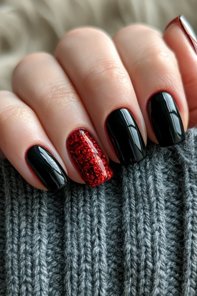 9 Red and Black Nails Ideas 8 Black Nails with Red Glitter Accents