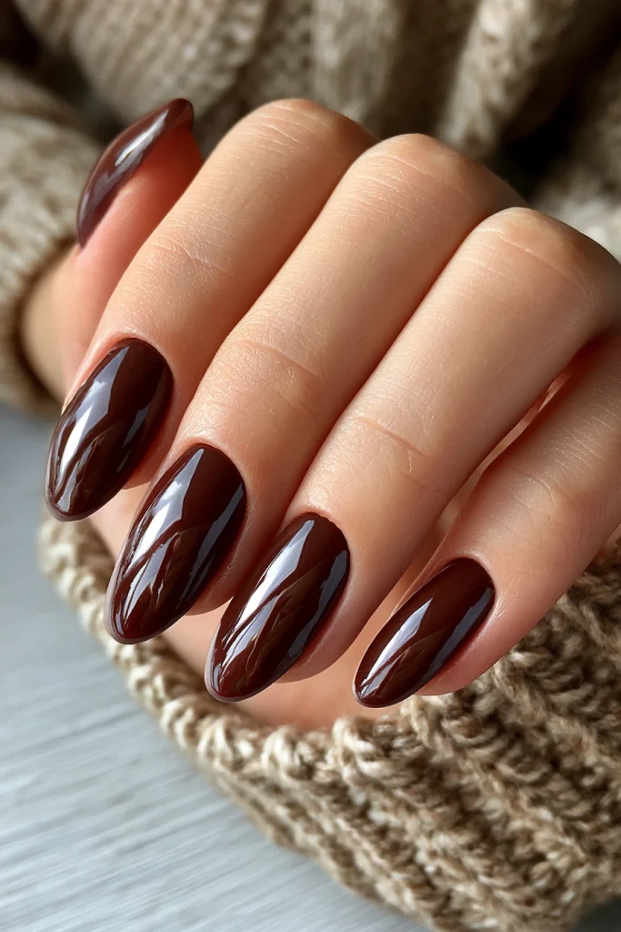 10 Light Brown Nails Ideas 2 Brown Almond Acrylic Nails with Glossy Finish 1