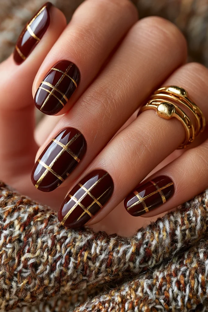 10 Brown Almond Nails Ideas 6 Brown Chocolate Nails with Gold Accent Lines