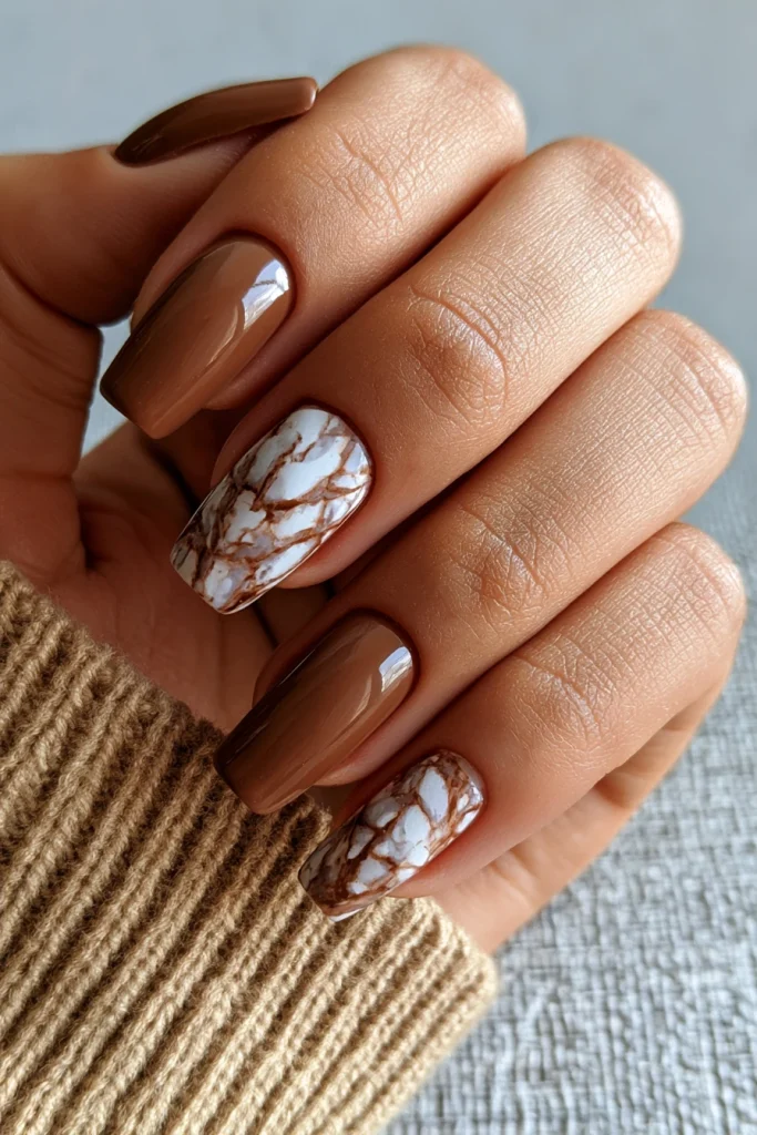 8 Brown Marble Nails Ideas 9 Brown Coffin Nails with White Contrast Marble