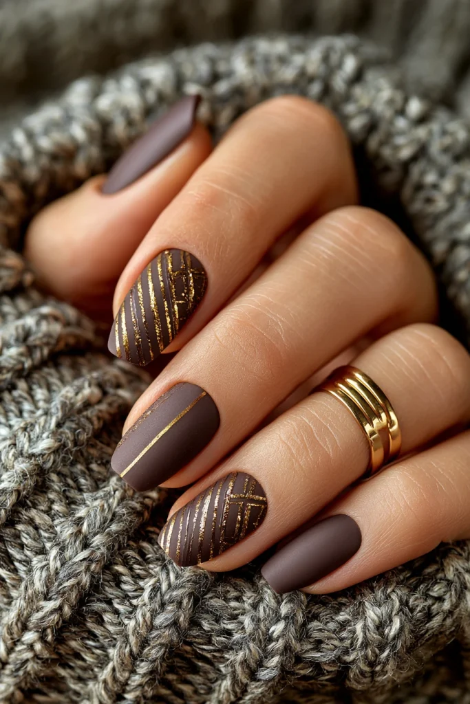 12 Brown and Gold Nails Ideas 9 Brown Earthy Nails Matte Finish with Gold Lines 1