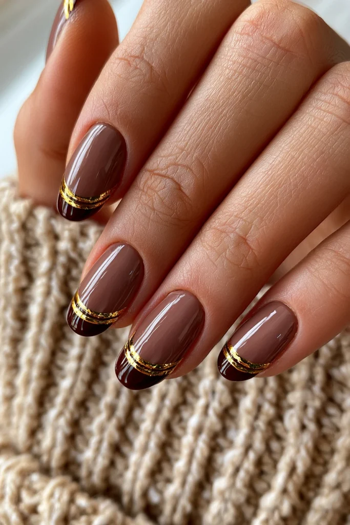 12 Brown French Nails Ideas 13 Brown French Nails with Gold Accent Lines