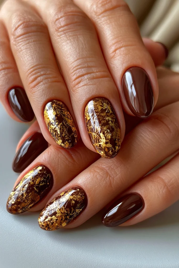 8 Brown Gel Nails Ideas 4 Brown Gel Nails with Gold Foil