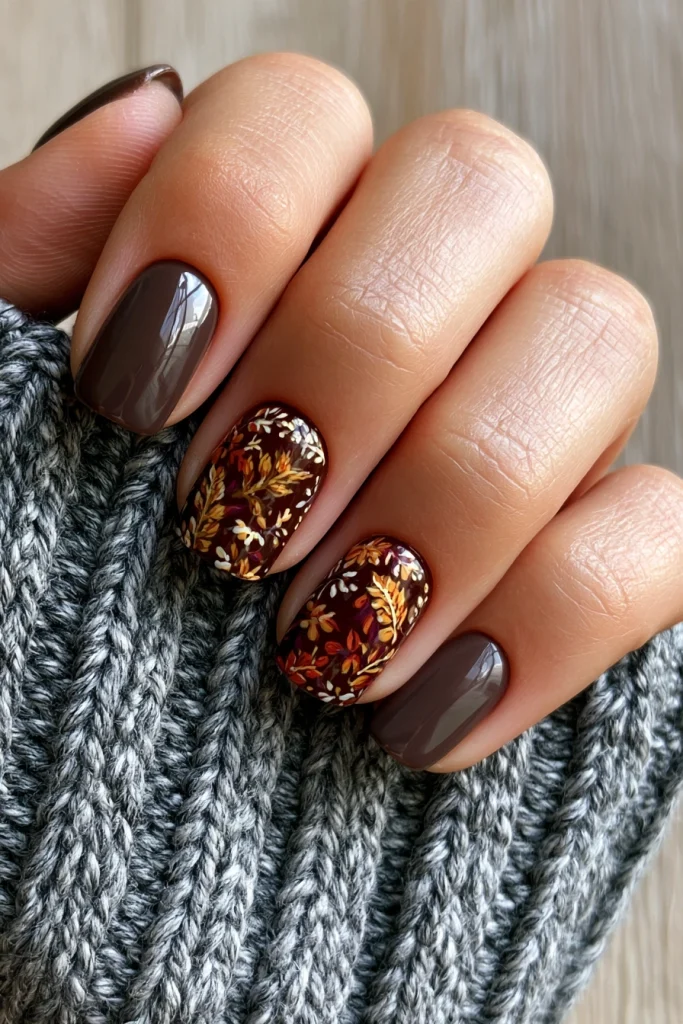 13 Green and Brown Nails Ideas 5 Brown Nails with Botanical Leaf Art