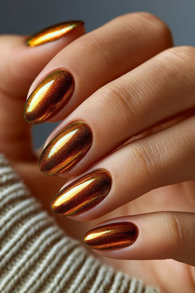 12 Brown and Gold Nails Ideas 3 Brown Tip Chrome Nails with Golden Shine