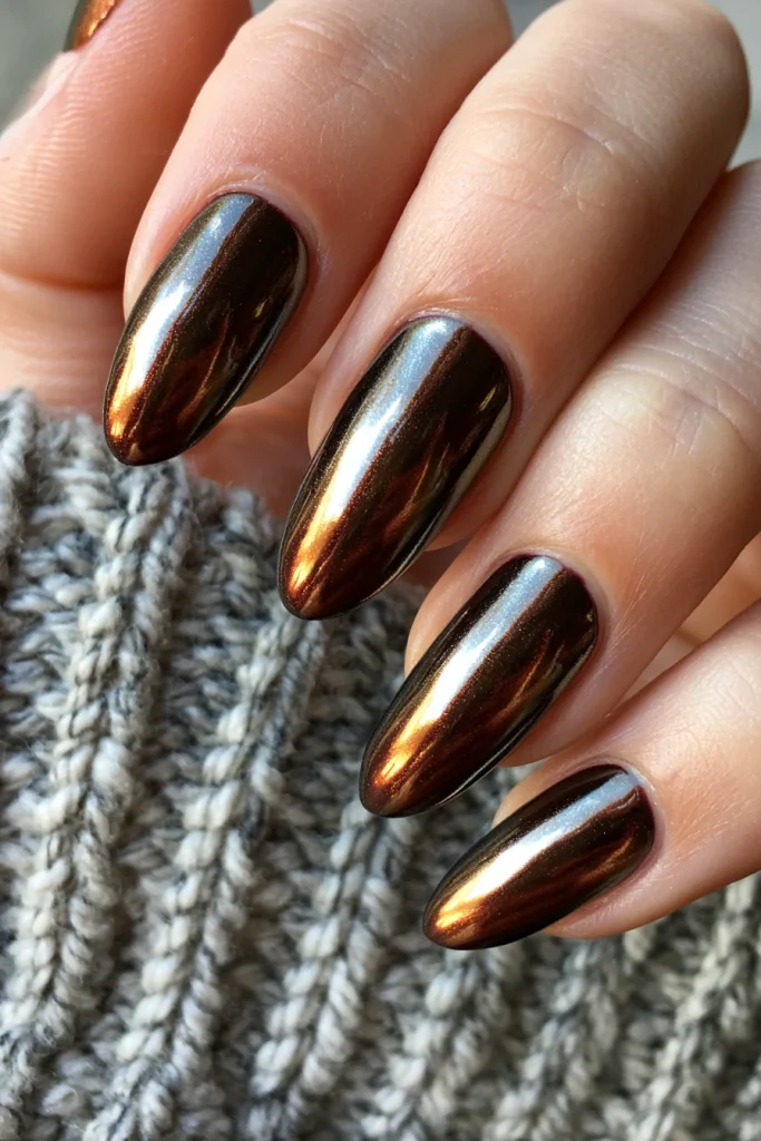 10 Brown Almond Nails Ideas 10 Chocolate Brown Almond Nails with Chrome Glow