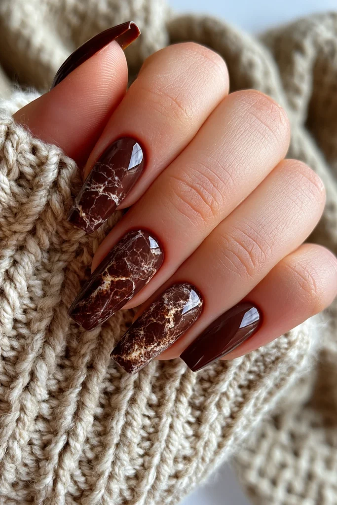 10 Autumn Nails Brown Ideas 1 Classic Brown Marble Coffin Nails