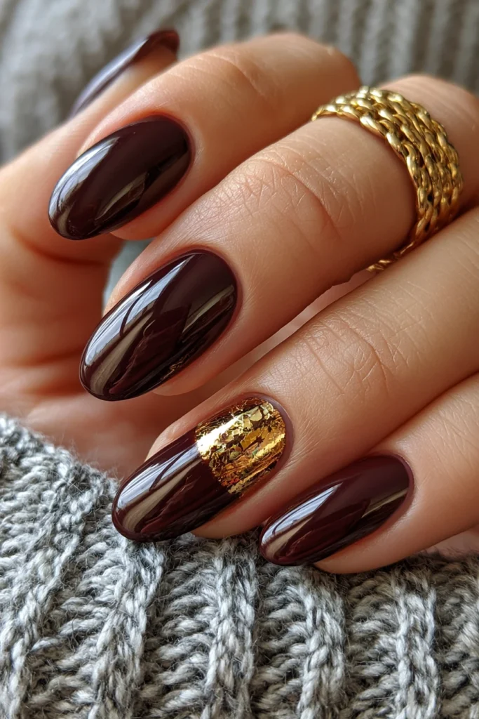 12 Brown and Gold Nails Ideas 2 Classic Brown Nails with Gold Chrome Accents