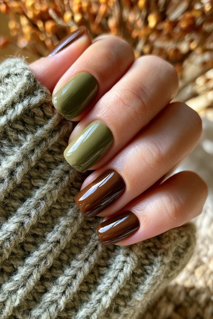 13 Green and Brown Nails Ideas 2 Classic Olive Green and Chocolate Brown Nails