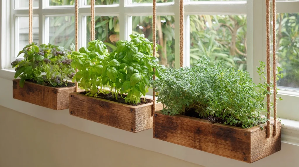 10 Special Hanging Plants Indoor Ideas 9 Combine Hanging Window Plant Shelves with Herbs
