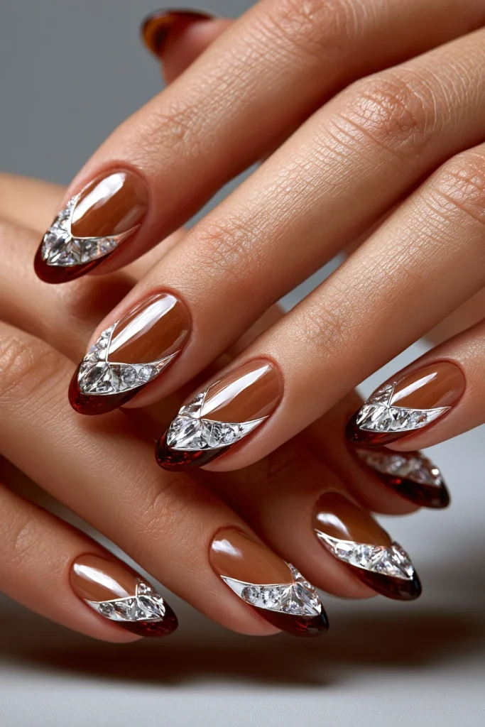 12 Brown French Nails Ideas 8 Diamond Nails with Brown French Elegance
