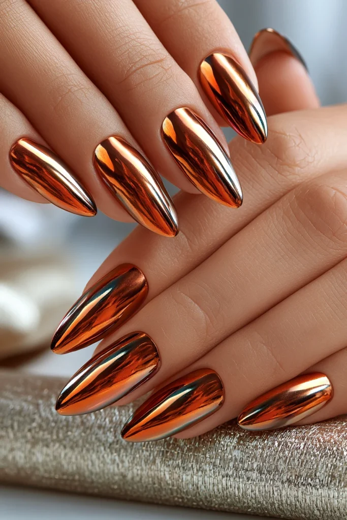8 Brown Chrome Nails Ideas 5 Fake Acrylic Nails with Brown Chrome Shine