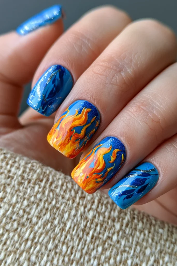 11 Blue and Brown Nails Ideas 7 Fire Nails with Blue Flame Art