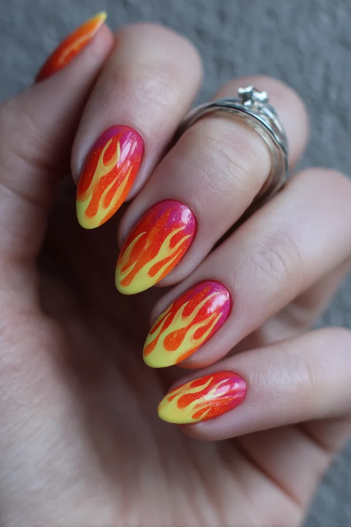 11 Summer Coffin Nails Ideas 5 Fire Nails with Bright Summer Colors