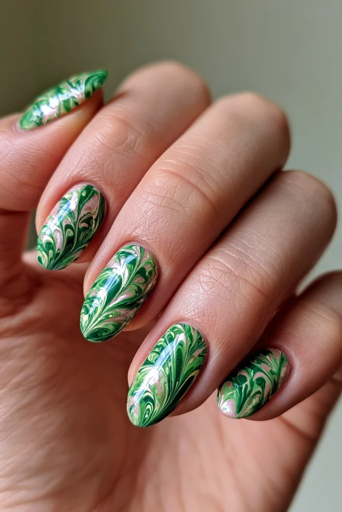 13 Green and Brown Nails Ideas 6 Funky Nails with Abstract Green Swirls