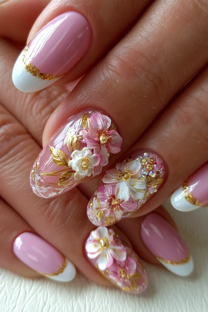 10 Light Brown Nails Ideas 6 Gel Nails 3D Floral Design 1