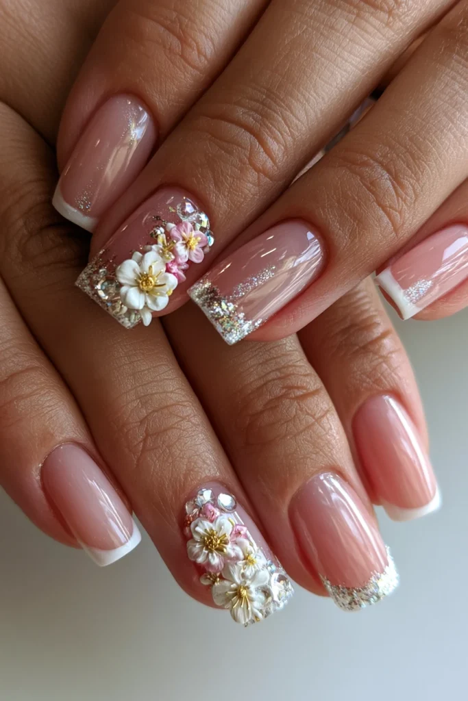 12 Nude Brown Nails Ideas 7 Gel Nails 3D Floral Design 2