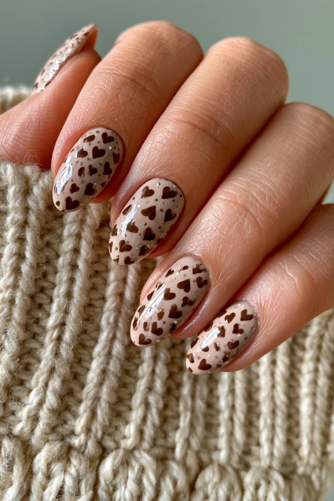 12 Brown French Nails Ideas 5 Girly Acrylic Nails with Brown Hearts