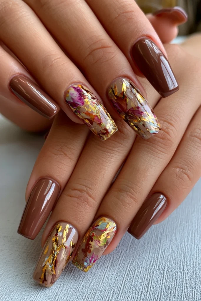 9 Dark Brown Nails Ideas 6 Girly Acrylic Nails with Brown and Nude Mix