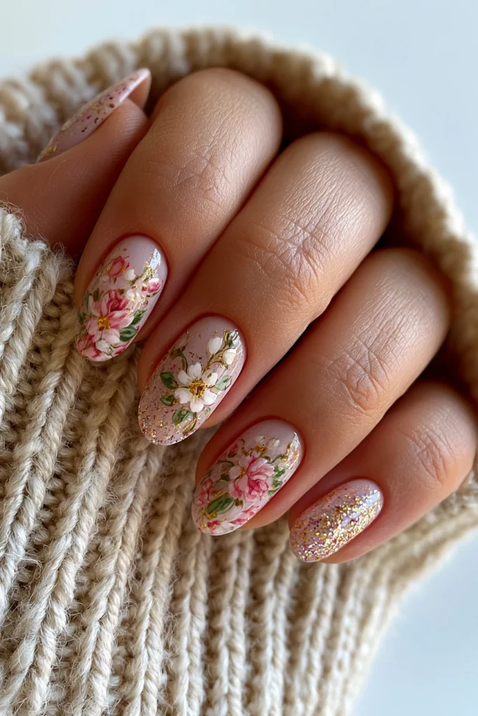 11 Blue and Brown Nails Ideas 5 Girly Acrylic Nails with Floral Details